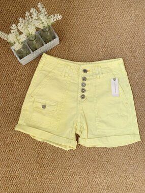 Anthropologie Canary Yellow Button Front Utility Shorts 26 NWT